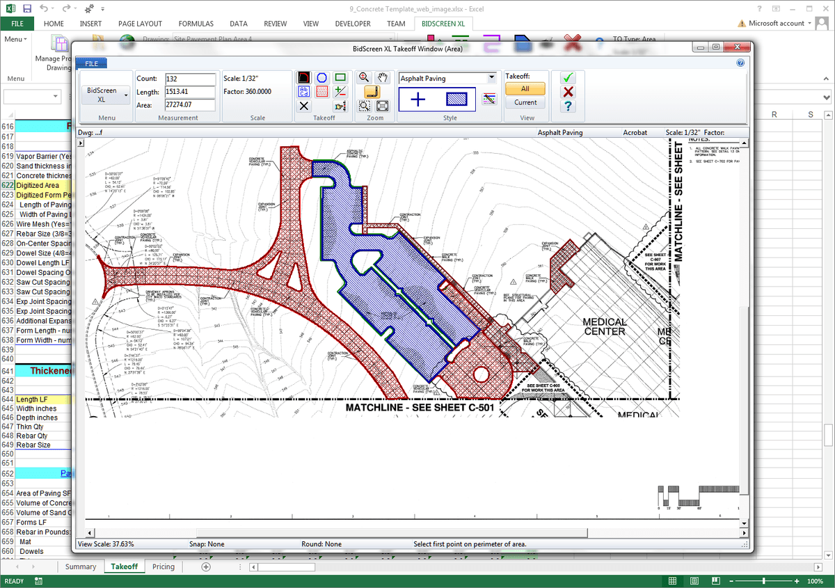 Plan takeoff and surface modeling software showing site grading analysis