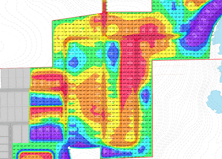 Cut and fill heat map showing earthwork volume analysis for GPS machine control