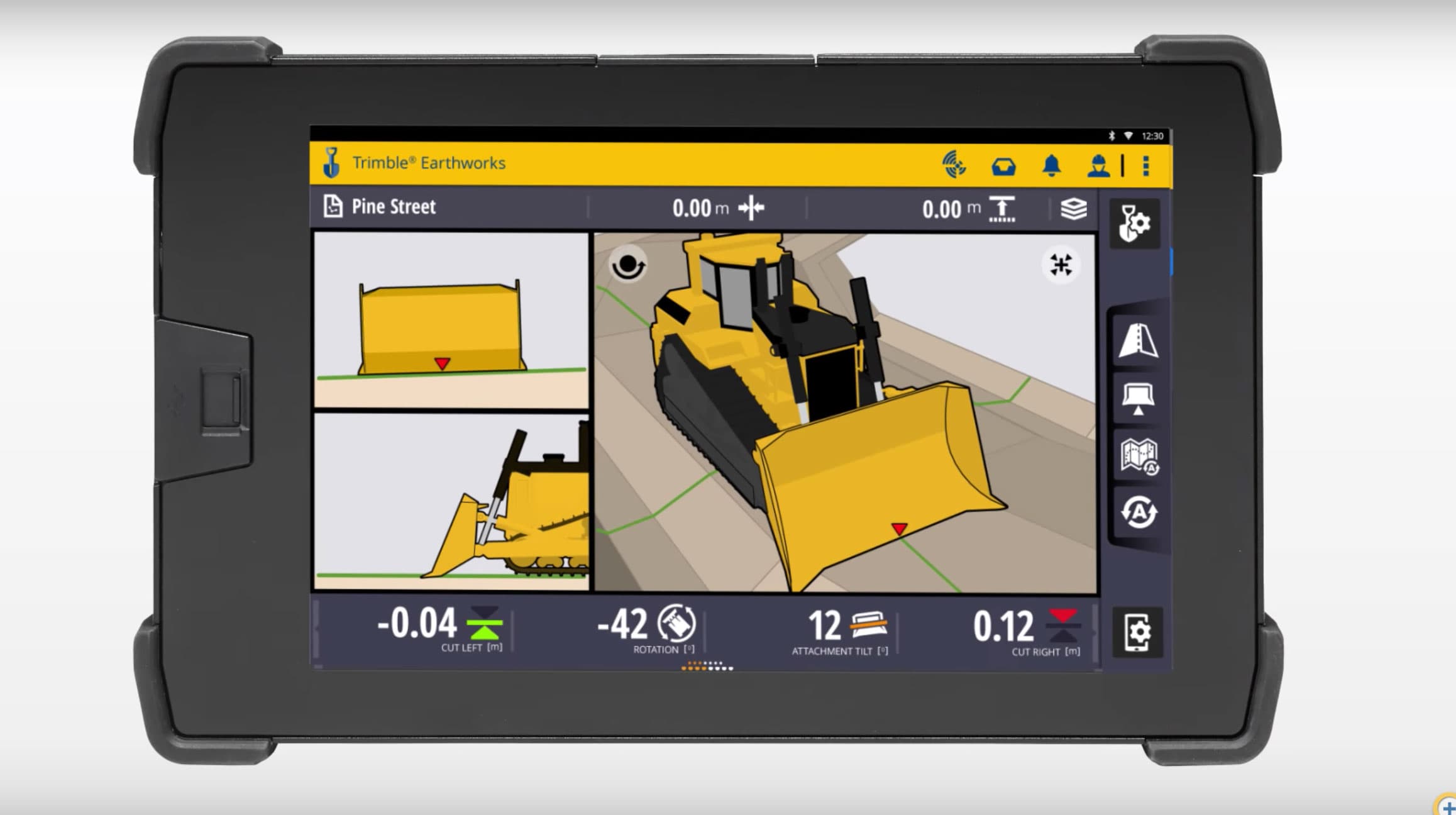 Trimble Earthworks field controller showing GPS machine control interface on a dozer